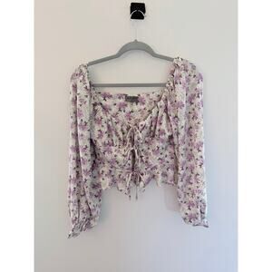 AIDEN Purple Floral Lace-Up Tie Long Sleeve Cropped Blouse-Size S